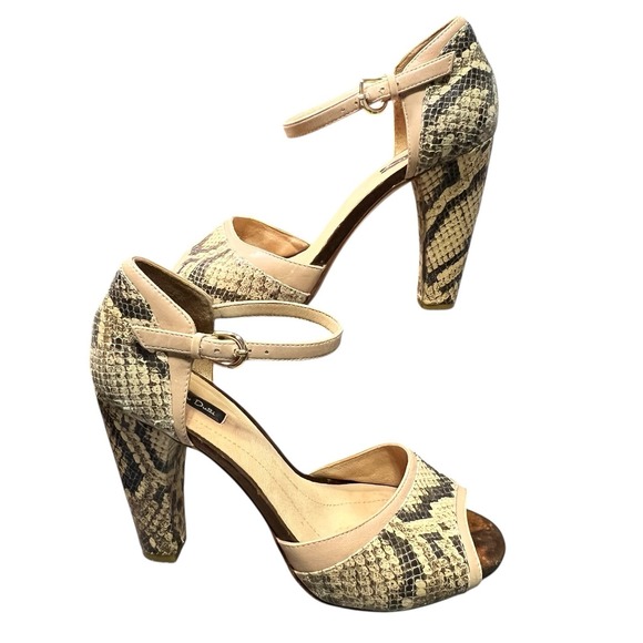 Massimo Dutti Snake Print Sandals 38 Ankle Strap Block Heel Peep Toe 4.25" Heel - Picture 5 of 12